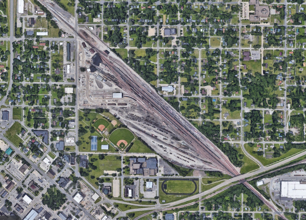 Aerial view of railroad yard