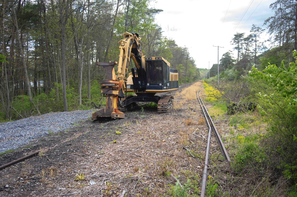 Piece of heavy equipment on weed-covered right-of-way