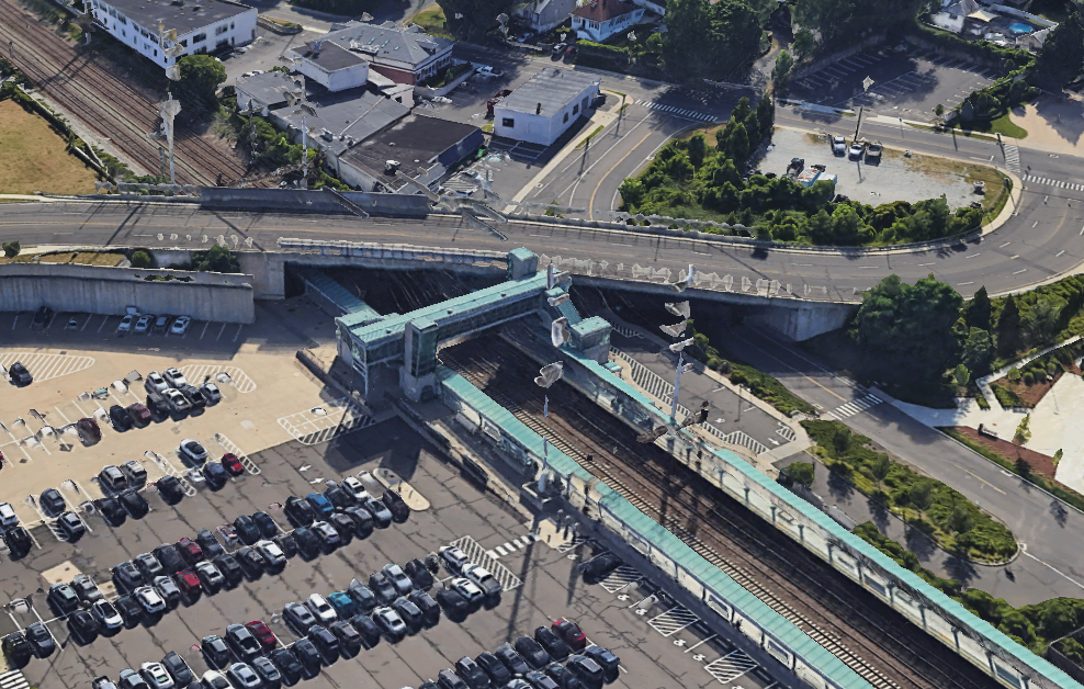 Aerial view of commuter rail station