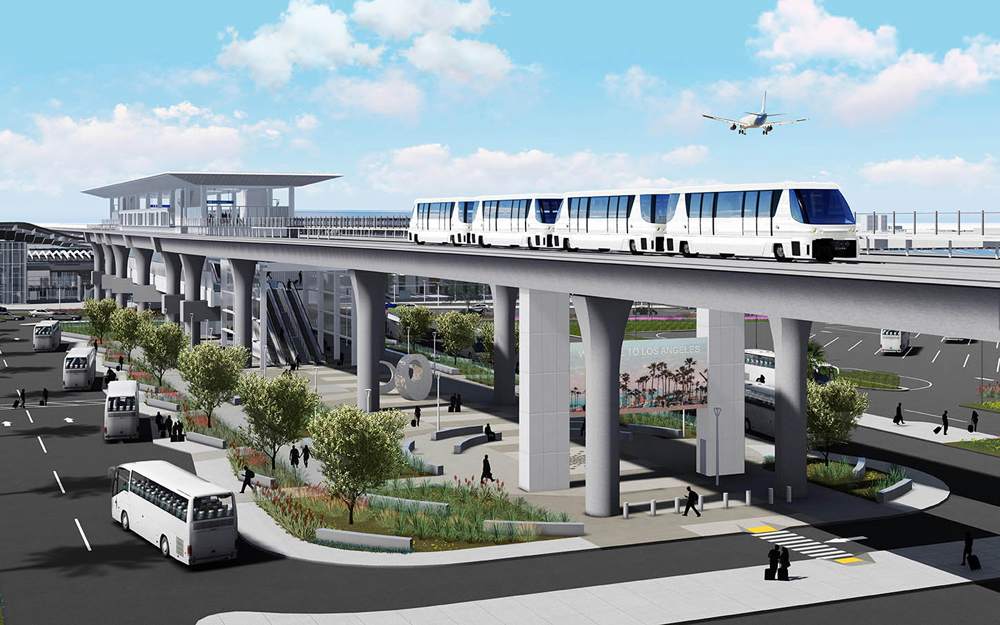 Illustration of four-car people mover trainset on elevated right-of-way