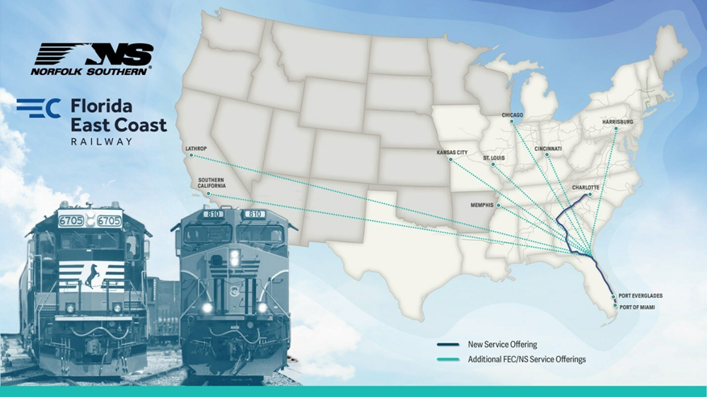 Map of intermodal services offered by Norfolk Southern and Florida East Coast Railway