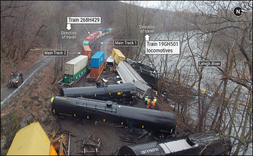 Scene of three-train derailment along river
