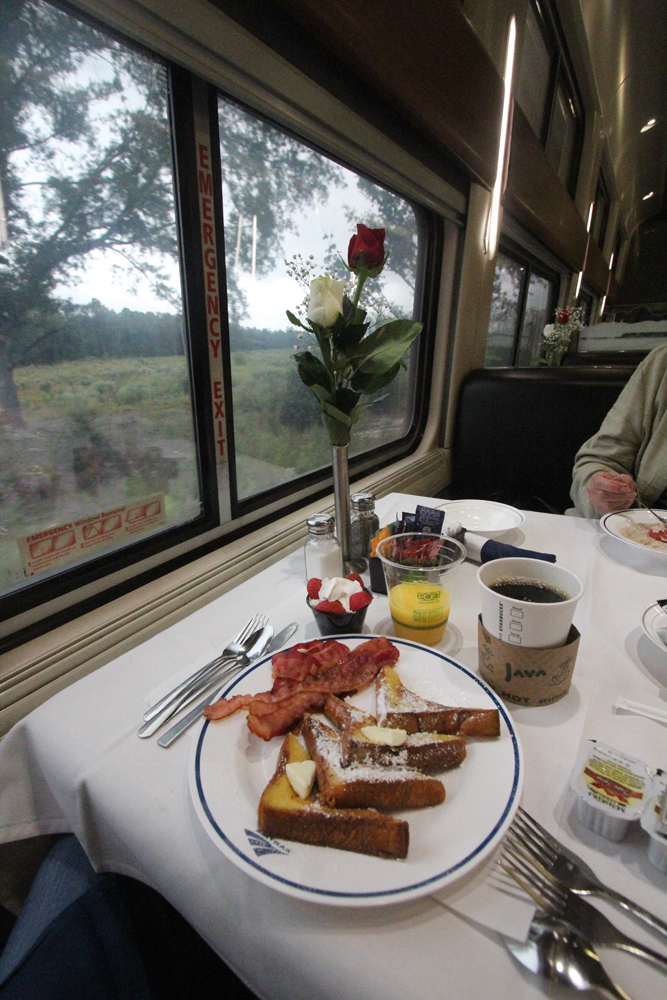 Breakfast on table of Amtrak dining car
