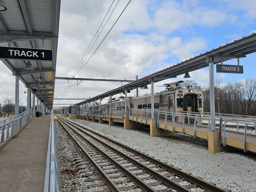 Train on far track at commuter rail station