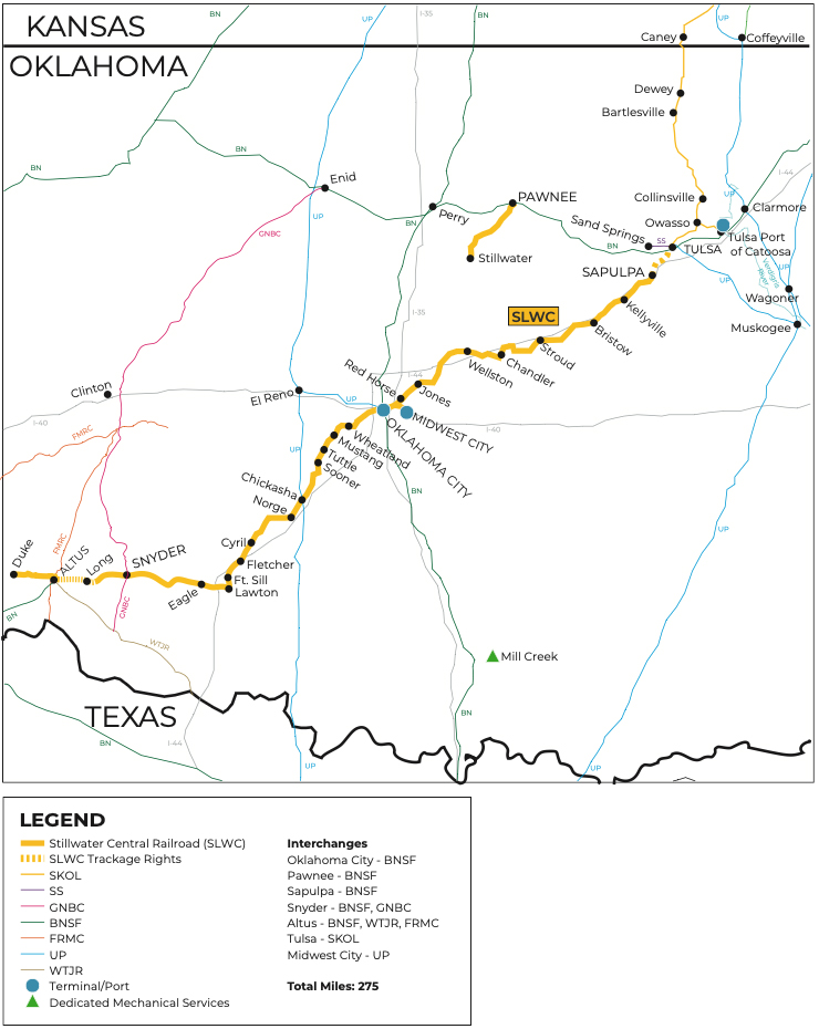 Map of the Stillwater Central Railroad in Oklahoma