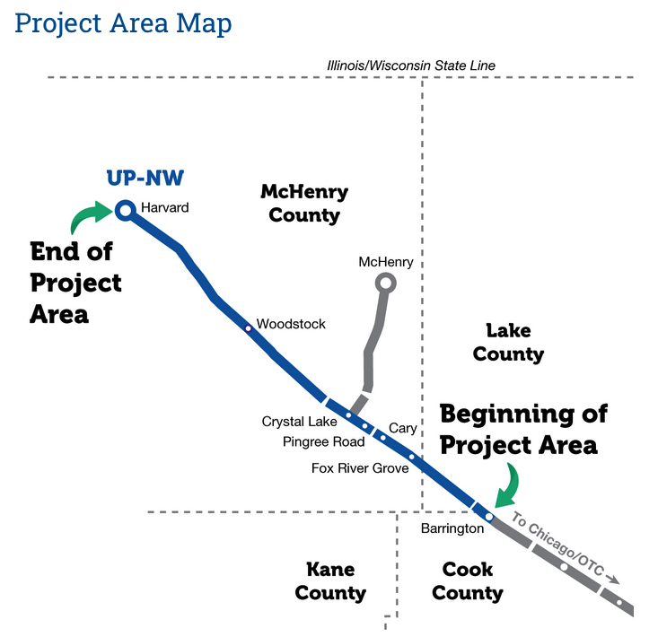 Map of western end of Metra's UP Northwest line