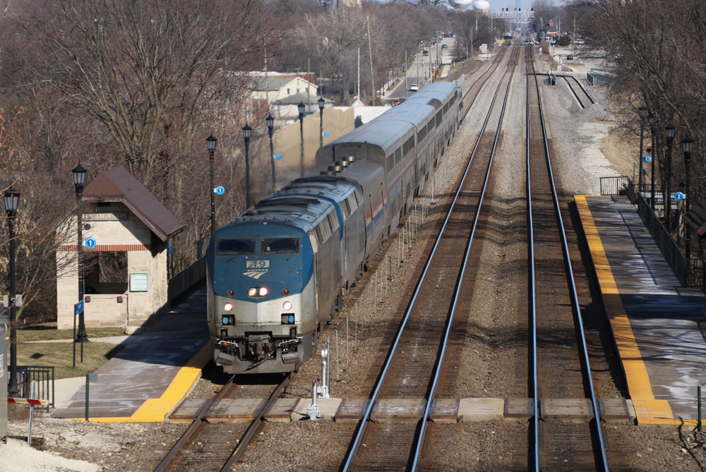 Passenger train on three-track main line