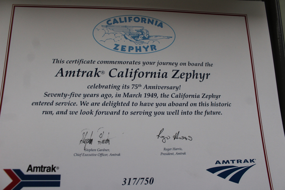 Numbered certificate for California Zephyr passenger