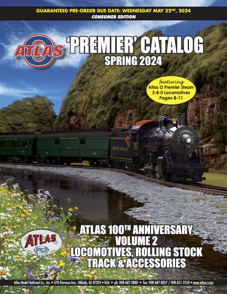 Cover of product catalog with steam engine and passenger cars.