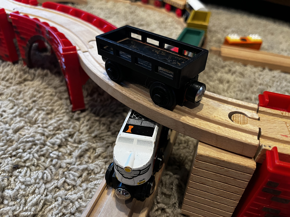 close up of wooden kids trains