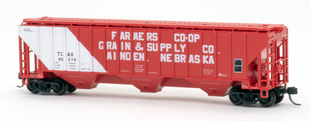 Color photo of N scale covered hopper painted red and white.