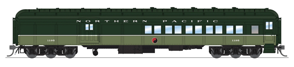 A model passenger car in a green paint scheme