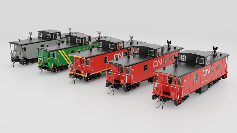 A series of 5 model cabooses in various paint schemes