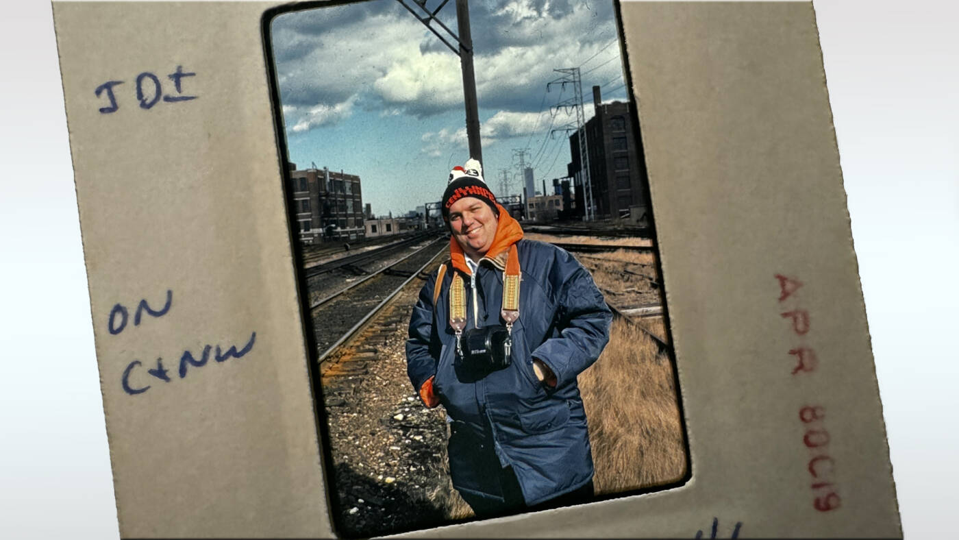 35mm slide of J. David Ingles. Trains LIVE — Along the rails with JDI