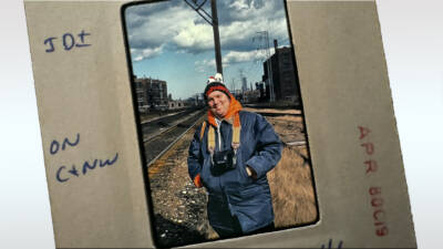 35mm slide of J. David Ingles. Trains LIVE — Along the rails with JDI