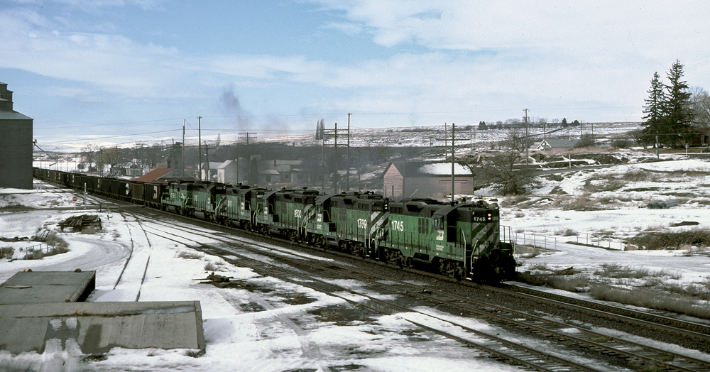 green and white BN locos with snow cover