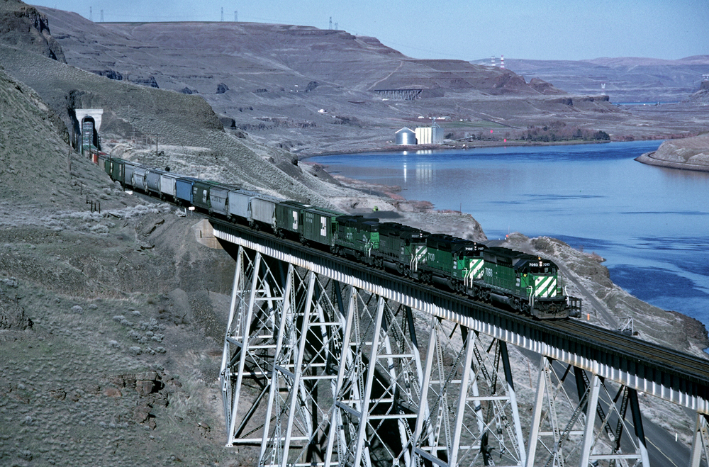 green locos on a white bridge with mountains in background