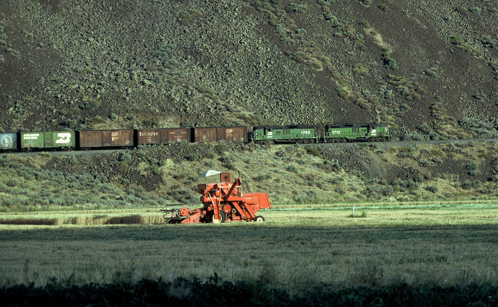green hills with train in front