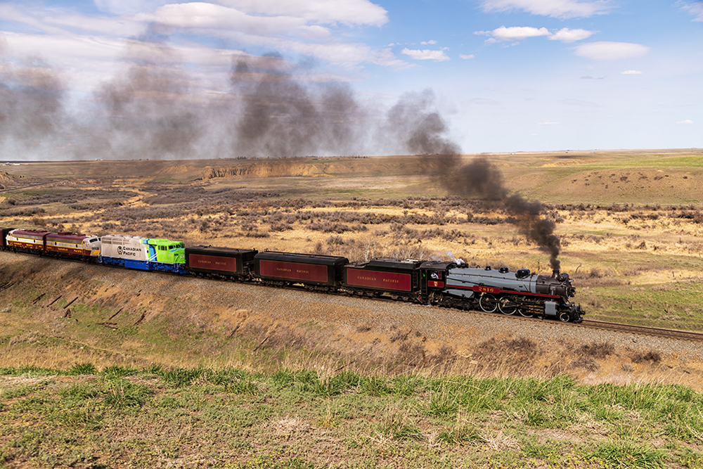 side view of steam train in field
