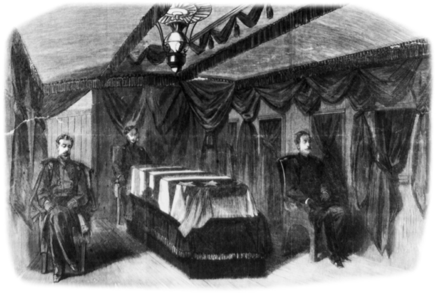 Black and white illustration of flag-draped, guarded coffin inside a railroad car.