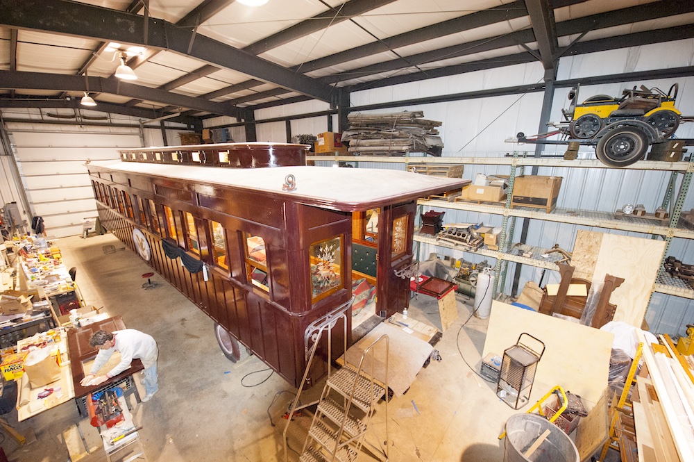 Railcar under construction in a shop.