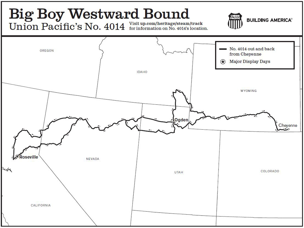 Map of planned train route between Cheyenne, Wyo., and Roseville, Calif., and return