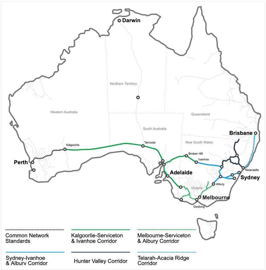 Map of Australia highlighting selected rail lines