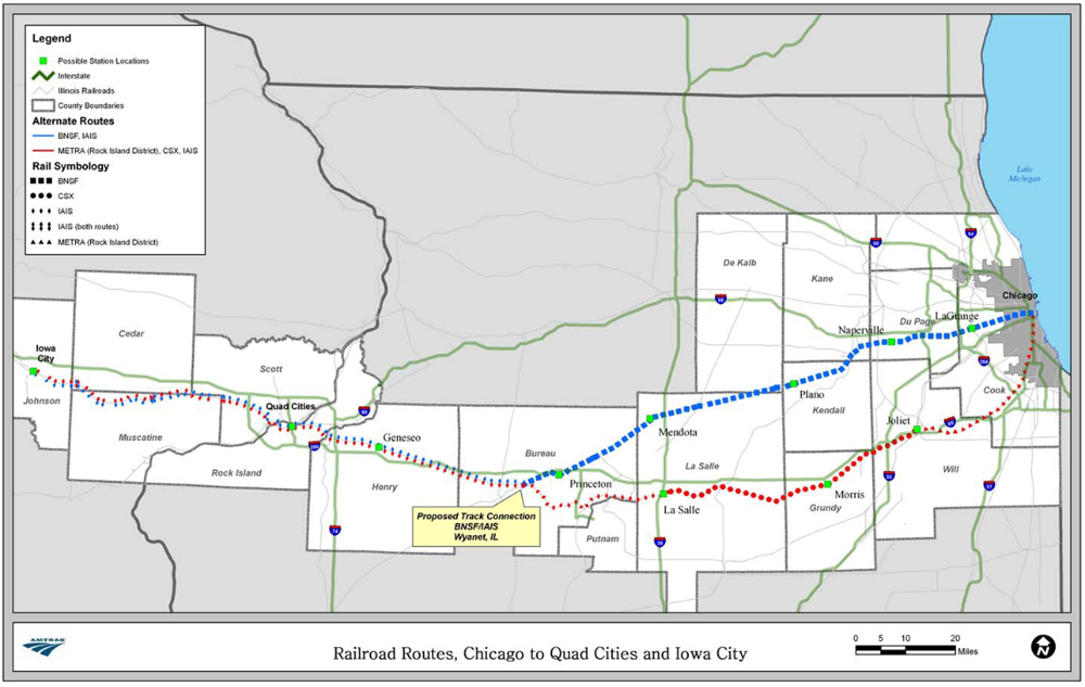 Map of rail route between Chicago, Quad Cities, and Iowa City, Iowa