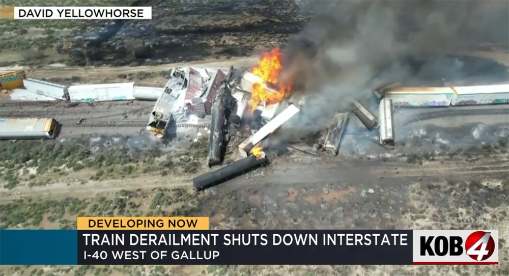 Aerial image of burning railcars