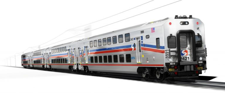 Rendering of bilevel commuter railcars with red and blue striping