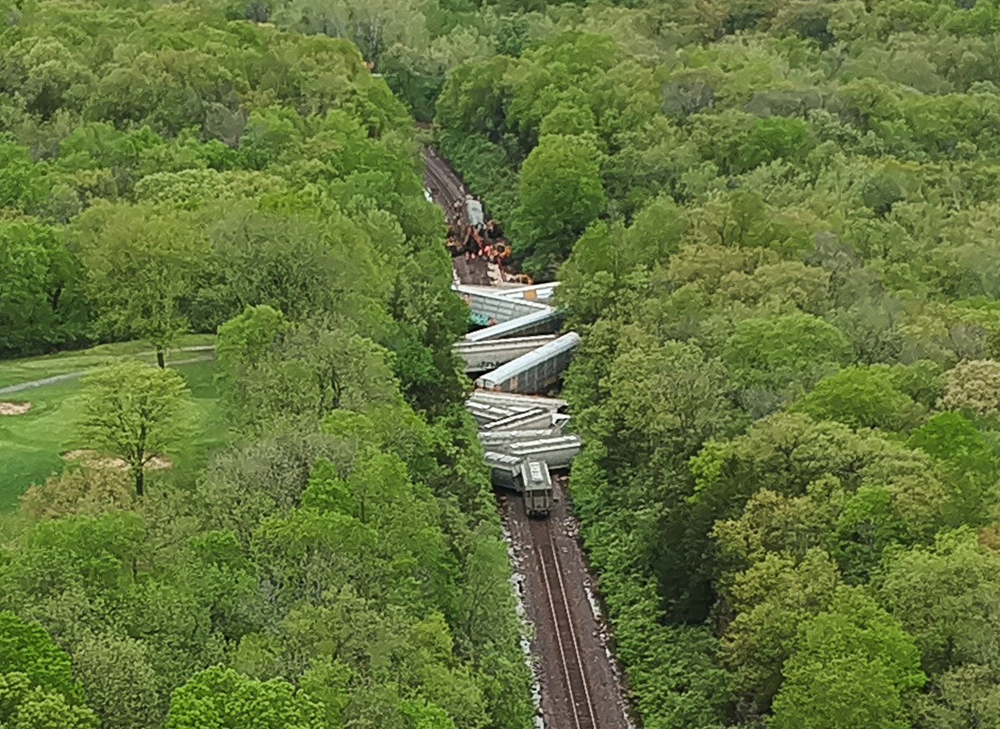 Derailed cars accordioned in wooded area
