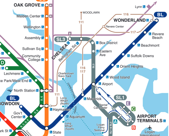 Portion of MBTA rail transit map