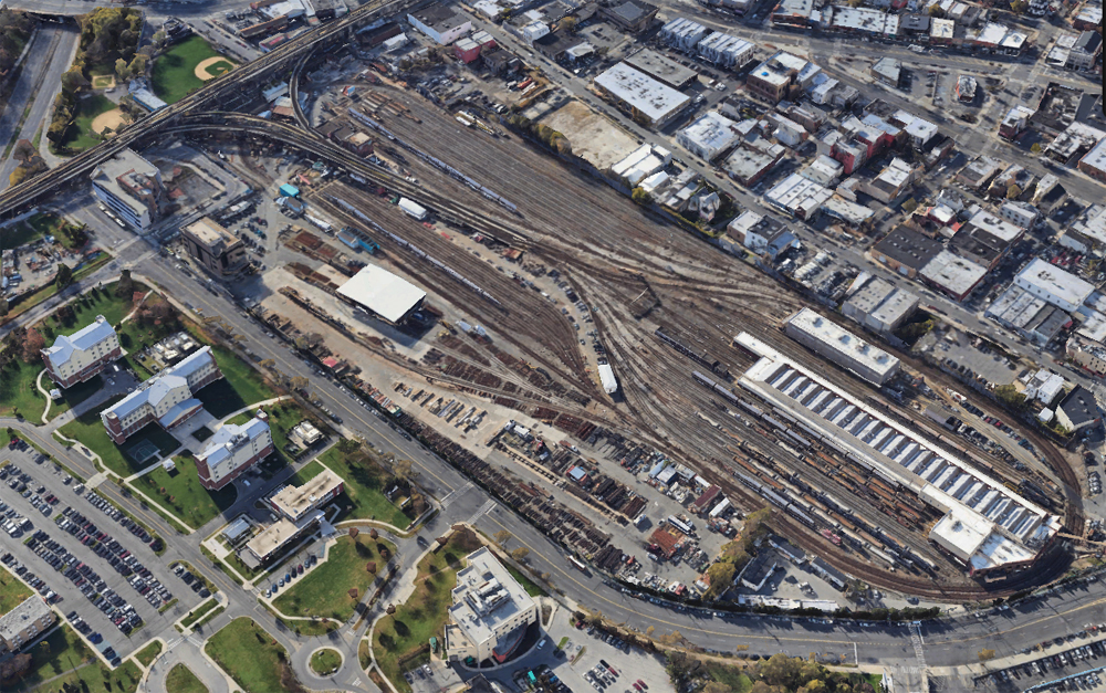 Aerial view of yard for subway equipment