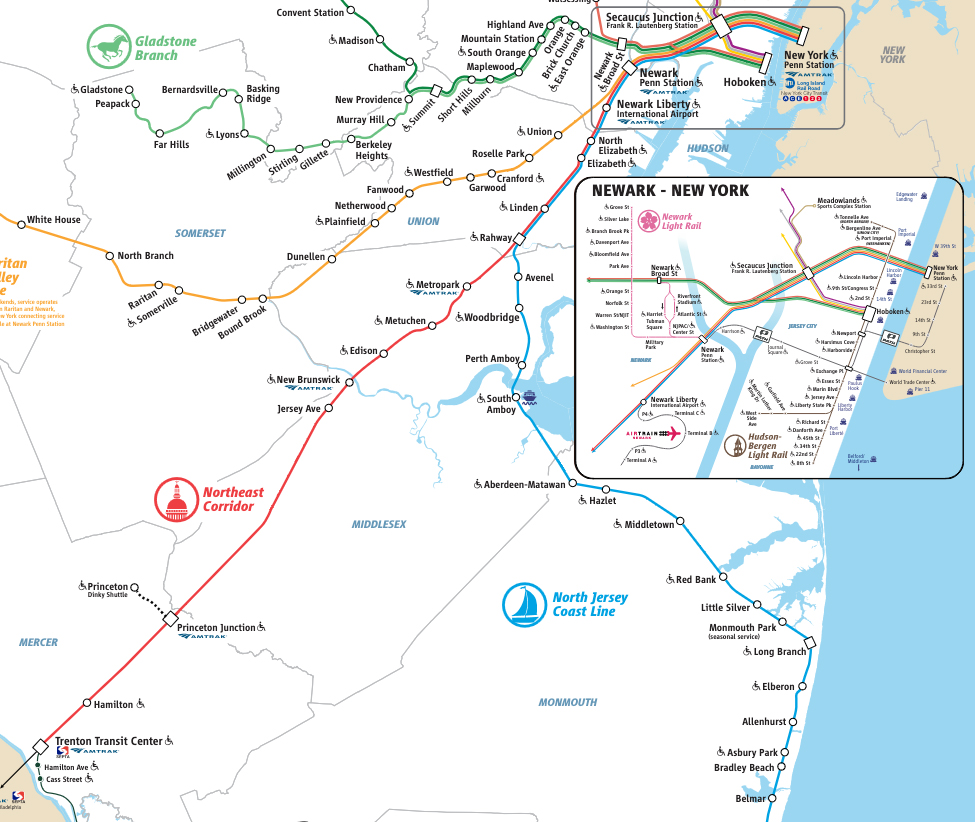 NJ Transit map of the Northeast Corridor between New York and Trenton, N.J.