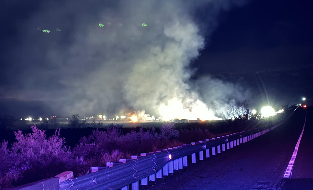 Night view of burning railcars
