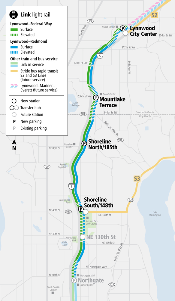 Map of light rail extension from Seattle to Lynnwood, Wash.