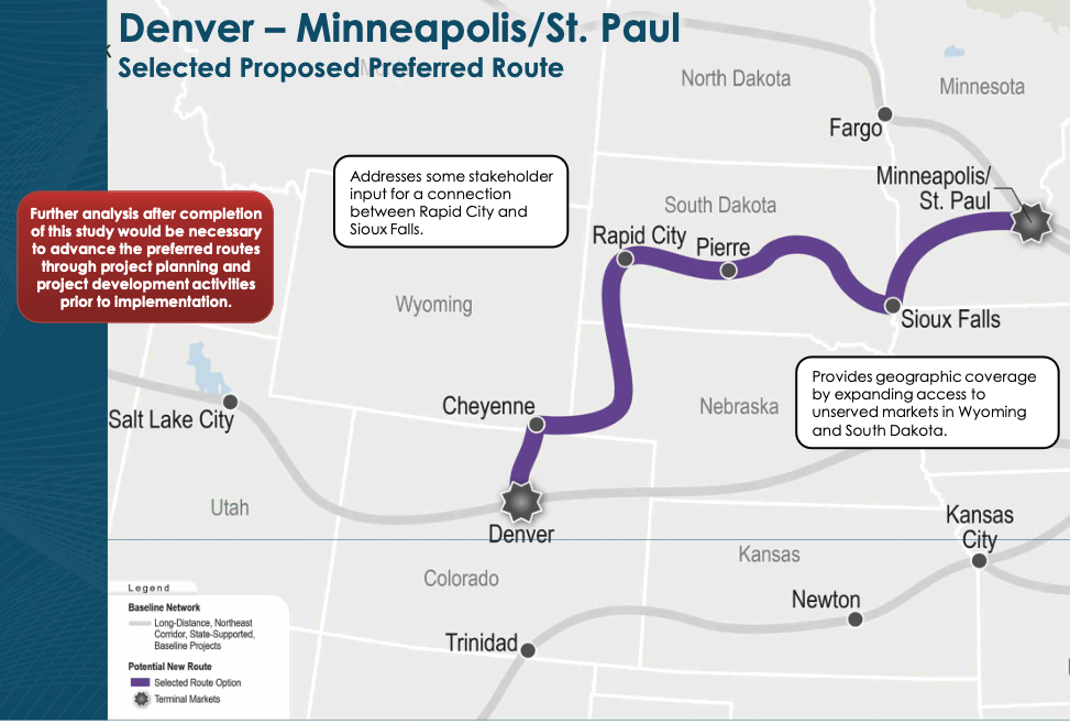 Map of proposed passenger rail route from Denver to Minneapolis-St. Paul via South Dakota