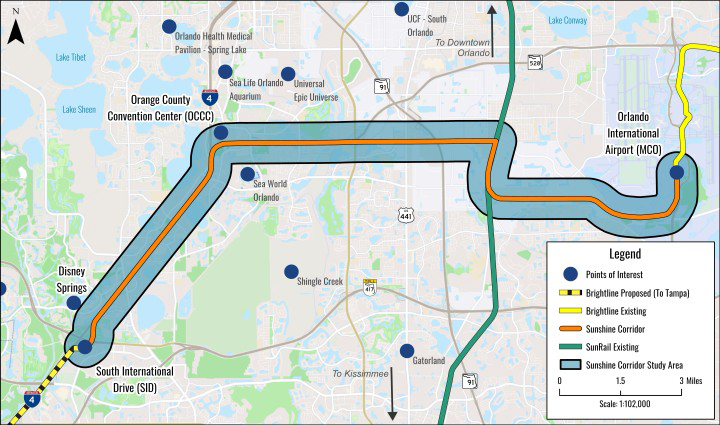Map of proposed SunRail/Brightline rail connection in Orlando, Fla.