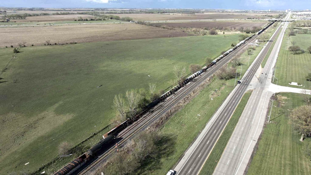 Aerial view of derailed freight cars