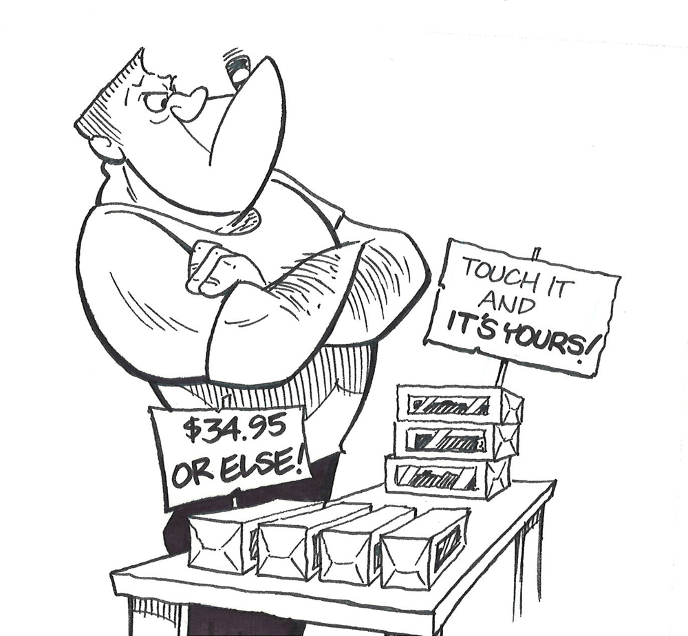 drawing of man with folded arms next to a booth