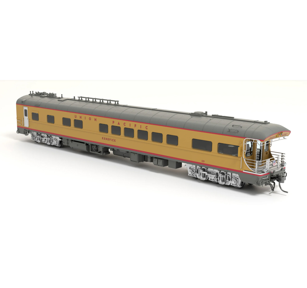 A model passenger car in a yellow and gray paint scheme