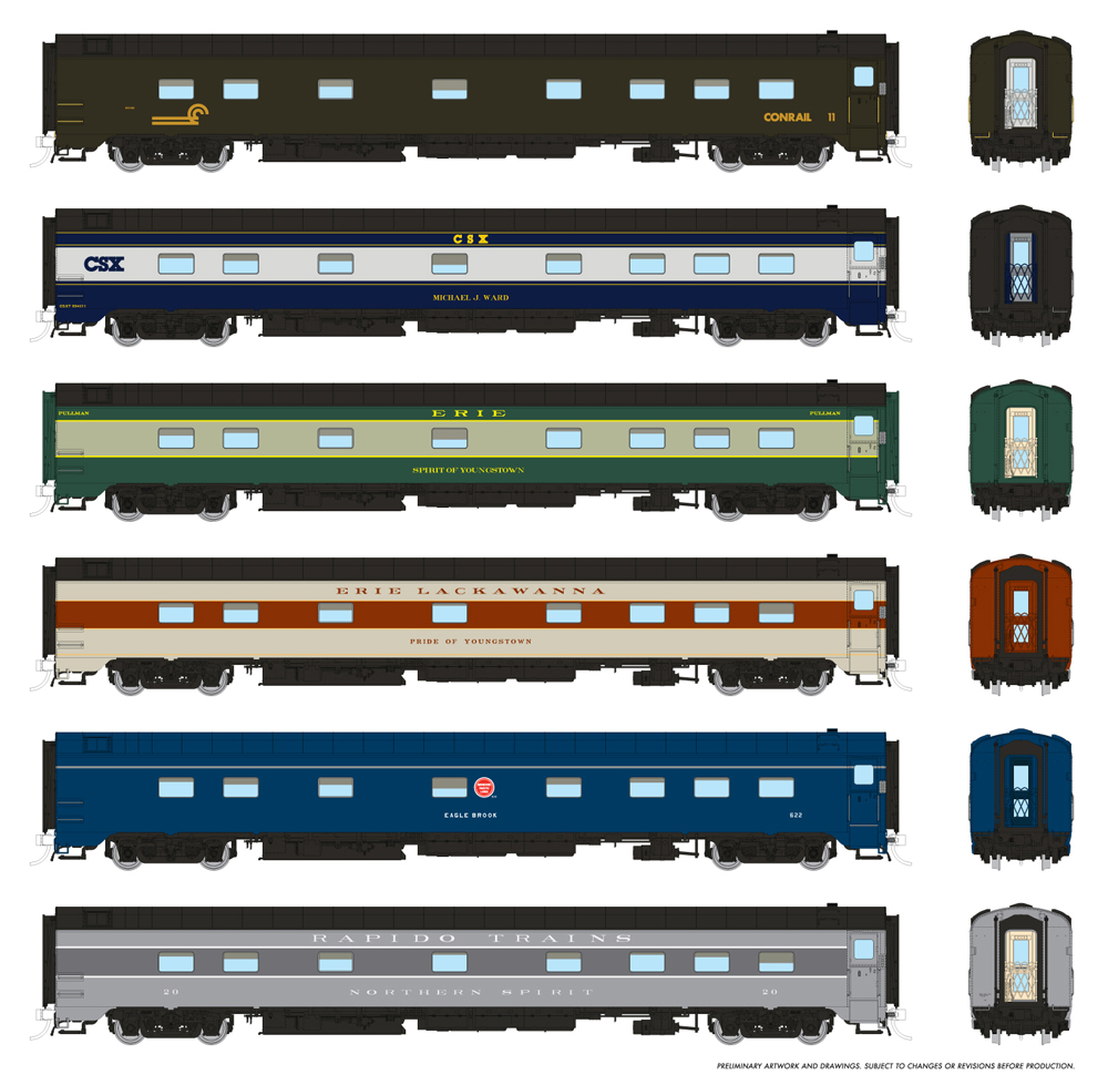 A collection of model passenger cars in various paint schemes
