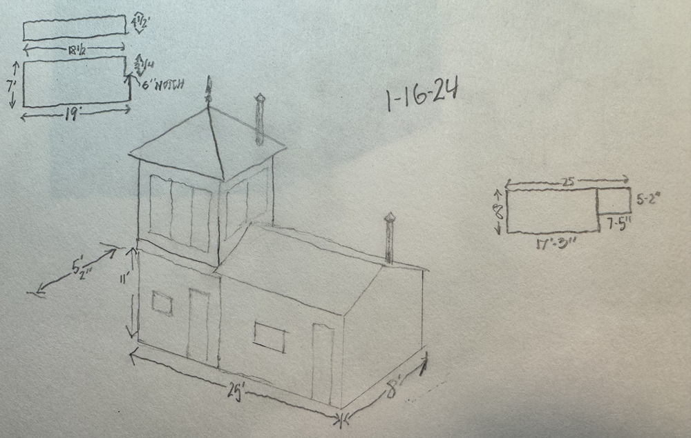 White piece of paper with pencil marks indicating the sizes and shapes of pieces for a miniature model building with the Atlas elevated gate tower integrated into the structure.