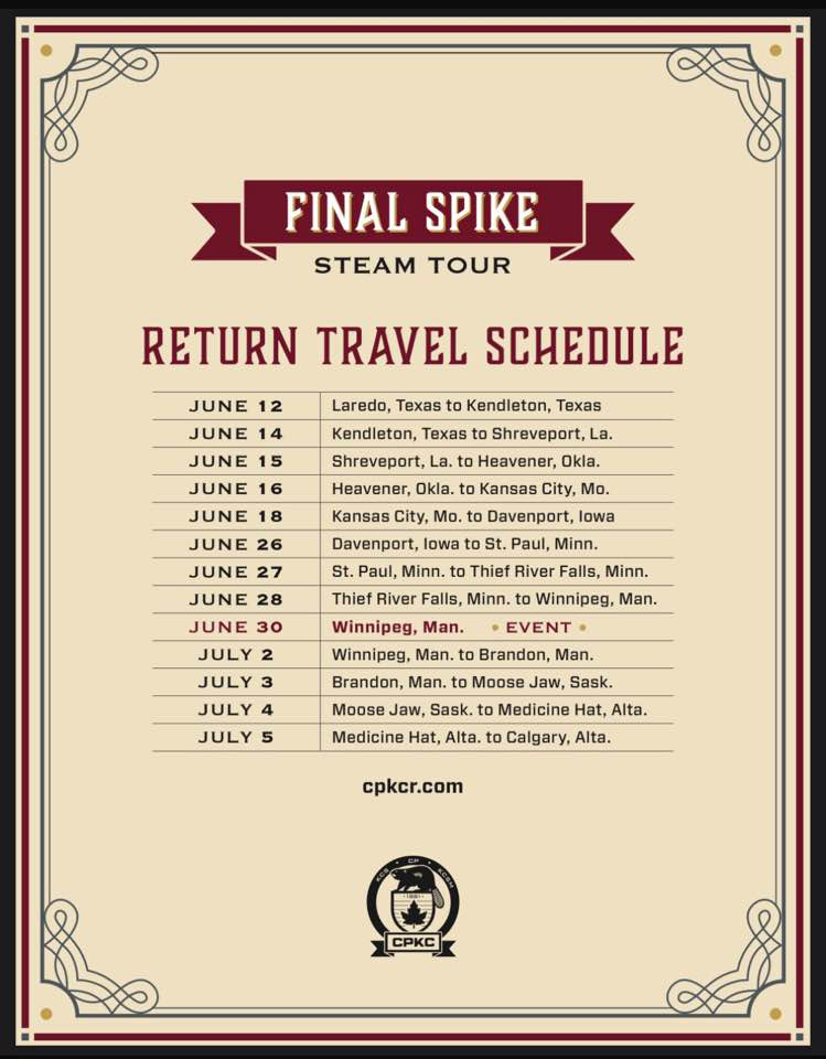 Northbound schedule for CP 2816 tour, beginning June 12 in Laredo and ending July 5 in Calgary