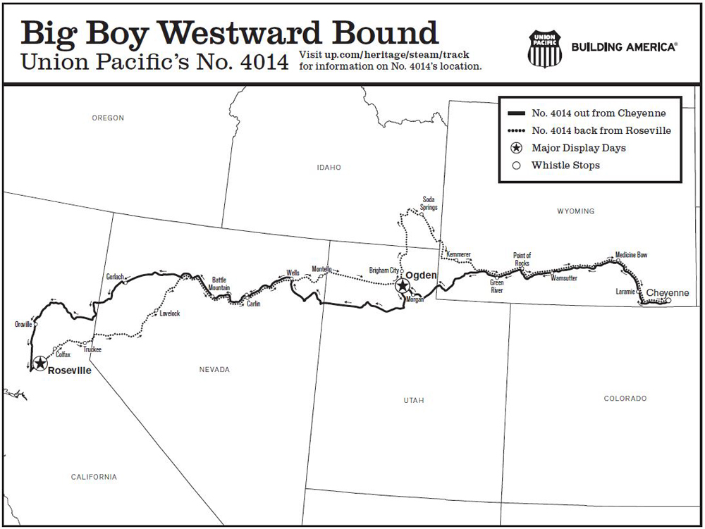 Map of UP Big Boy trip to and from Roseville, Calif., in 2024