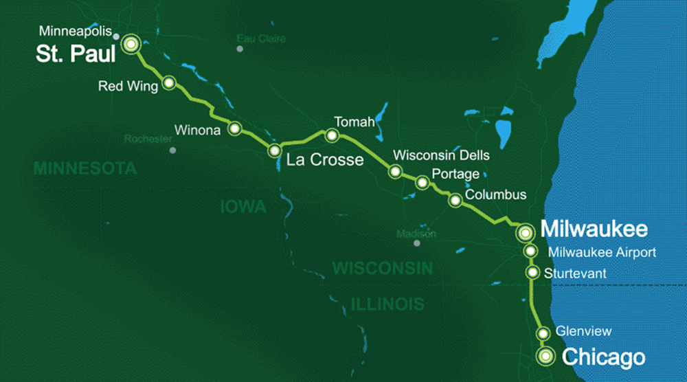 Map of train route between Chicago and St. Paul, Minn.