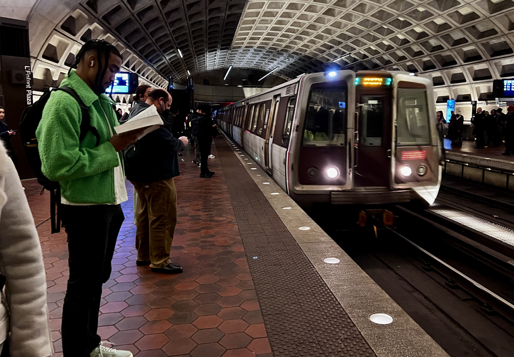 Subway train pulling into station