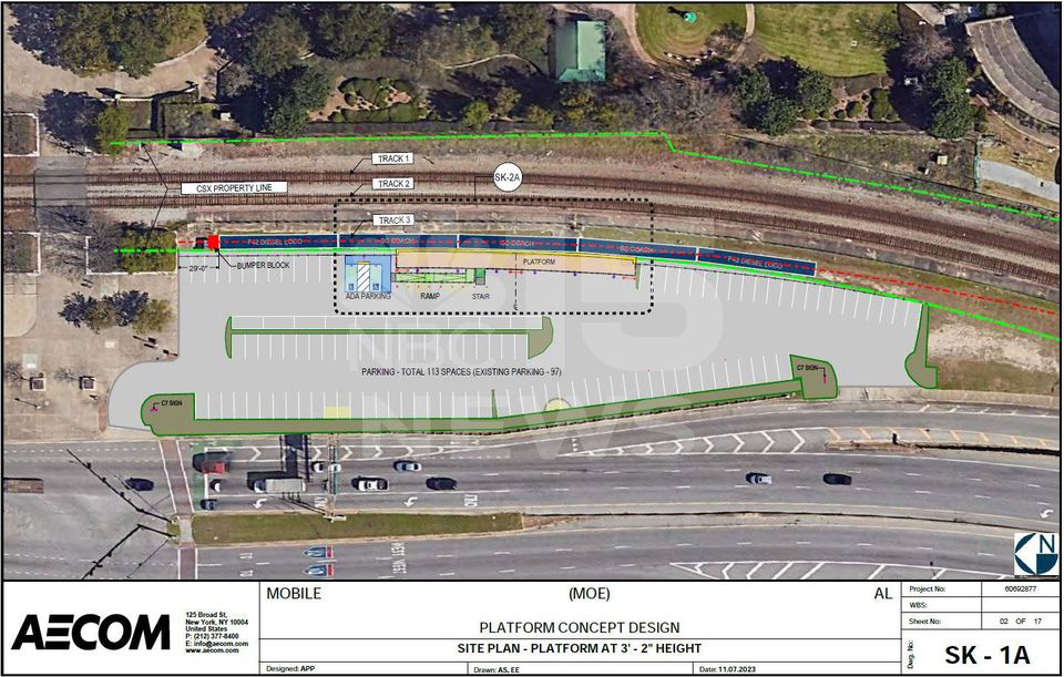 Illustration of planned Amtrak station platform and parking lot in Mobile, Ala.