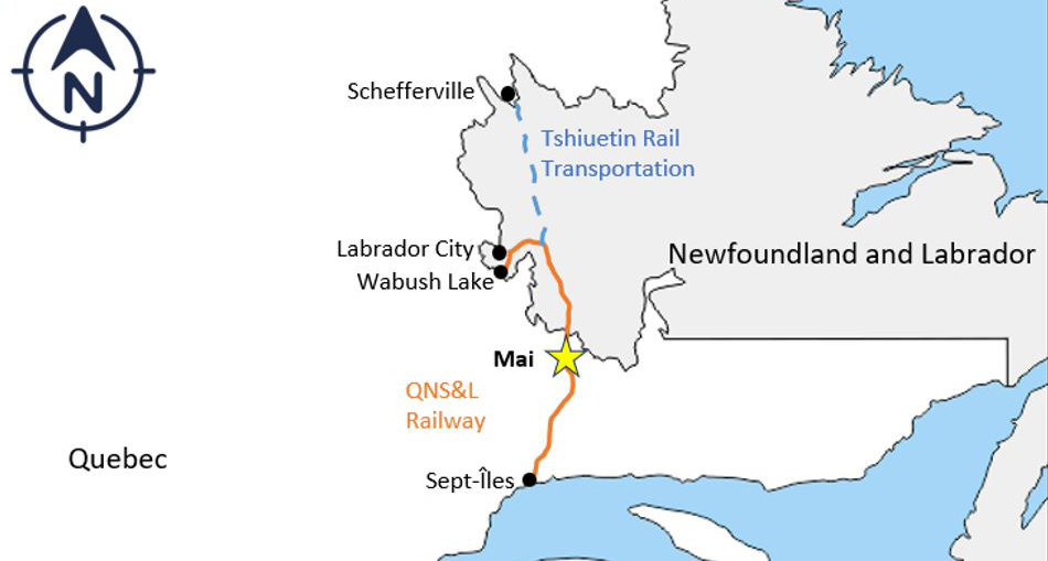 Map showing rail line in Quebec and Labrador