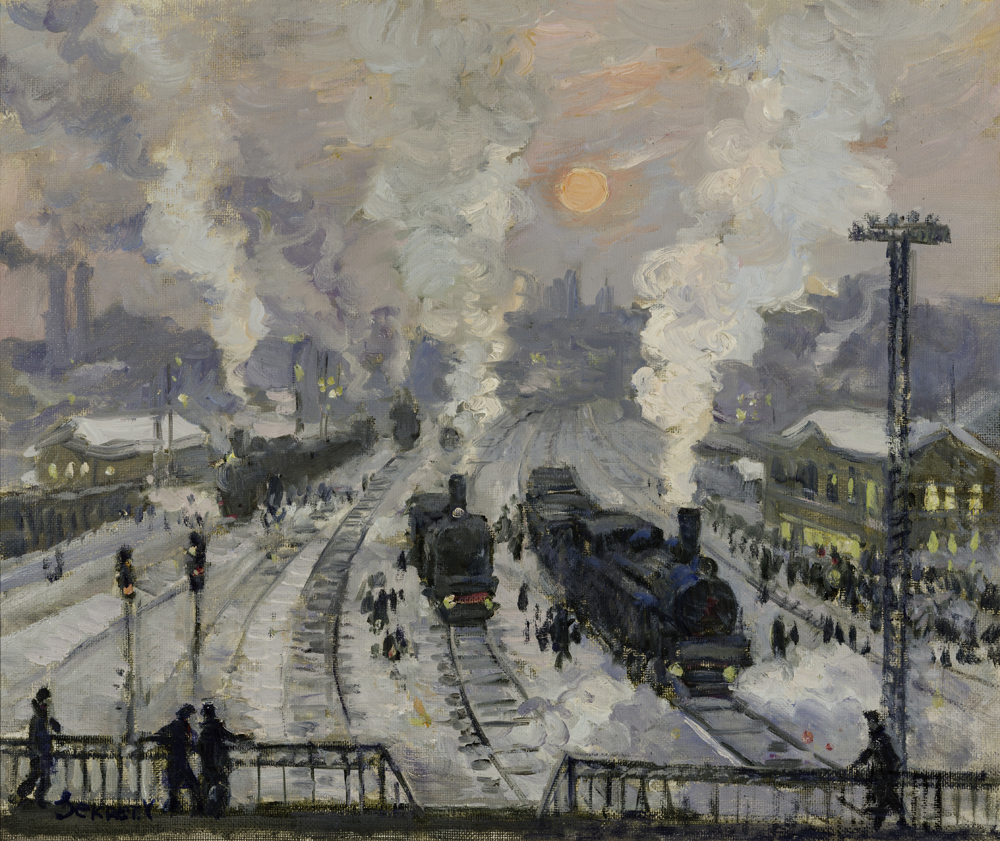 Impressionist painting of steam locomotives at station in winter
